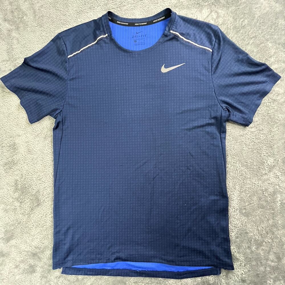 Nike Shirt Mens Medium Running Dri Fit Blue Reflector Short Sleeve Square Checks